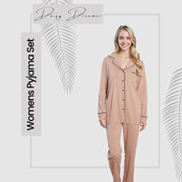 Women's Natural Pyjama Set Soft Touch Long Sleeve Button-Up Top & Bottoms Two-Piece Nightwear by Daisy Dreamer Pyjamas
