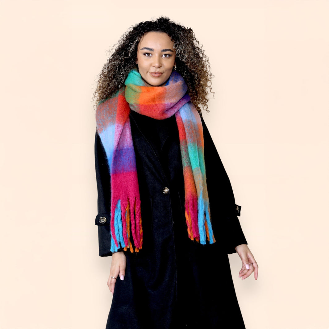 Women’s Orange Blue Chunky Knit Bright Plaid Blanket Scarf Long Winter Wrap Warm Check Shawl with Tassels Gift for Ladies by Daisy Dreamer ORANGE/BLUE CHECK Scarves