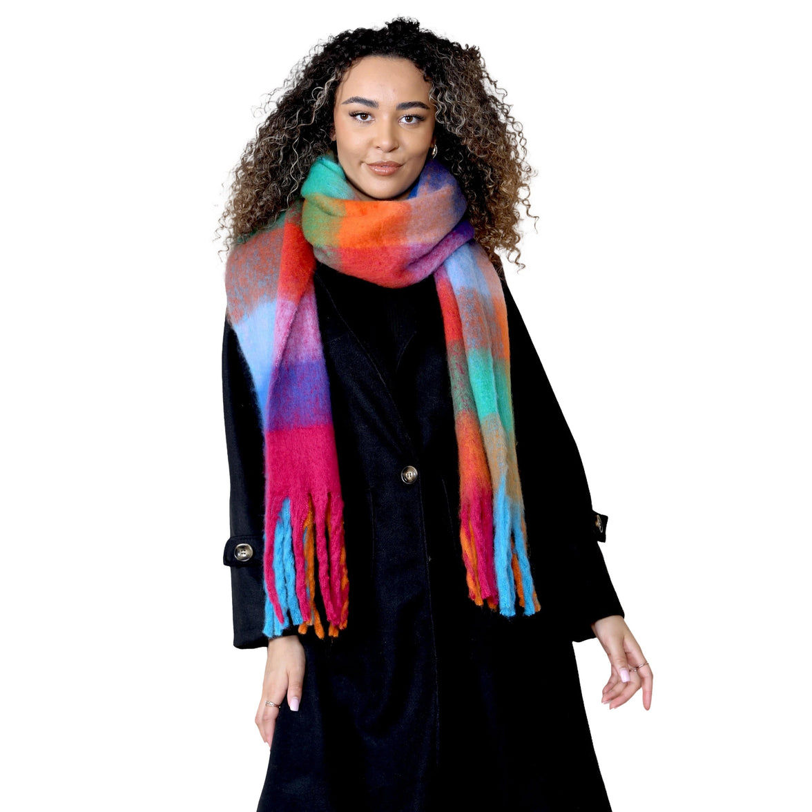 Women’s Orange Blue Chunky Knit Bright Plaid Blanket Scarf Long Winter Wrap Warm Check Shawl with Tassels Gift for Ladies by Daisy Dreamer ORANGE/BLUE CHECK Scarves
