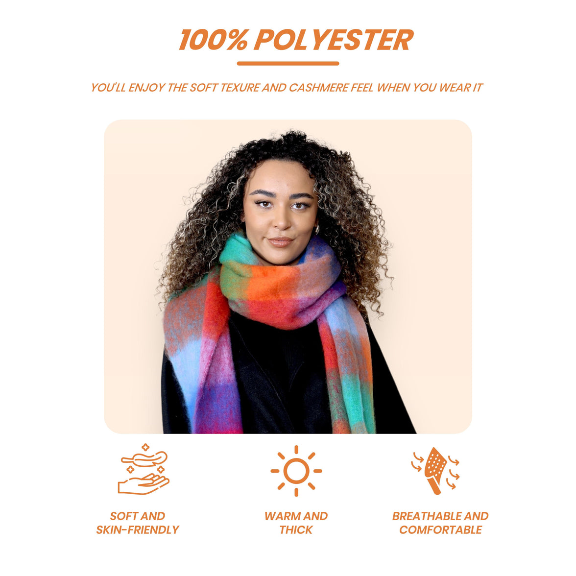 Women’s Orange Blue Chunky Knit Bright Plaid Blanket Scarf Long Winter Wrap Warm Check Shawl with Tassels Gift for Ladies by Daisy Dreamer ORANGE/BLUE CHECK Scarves