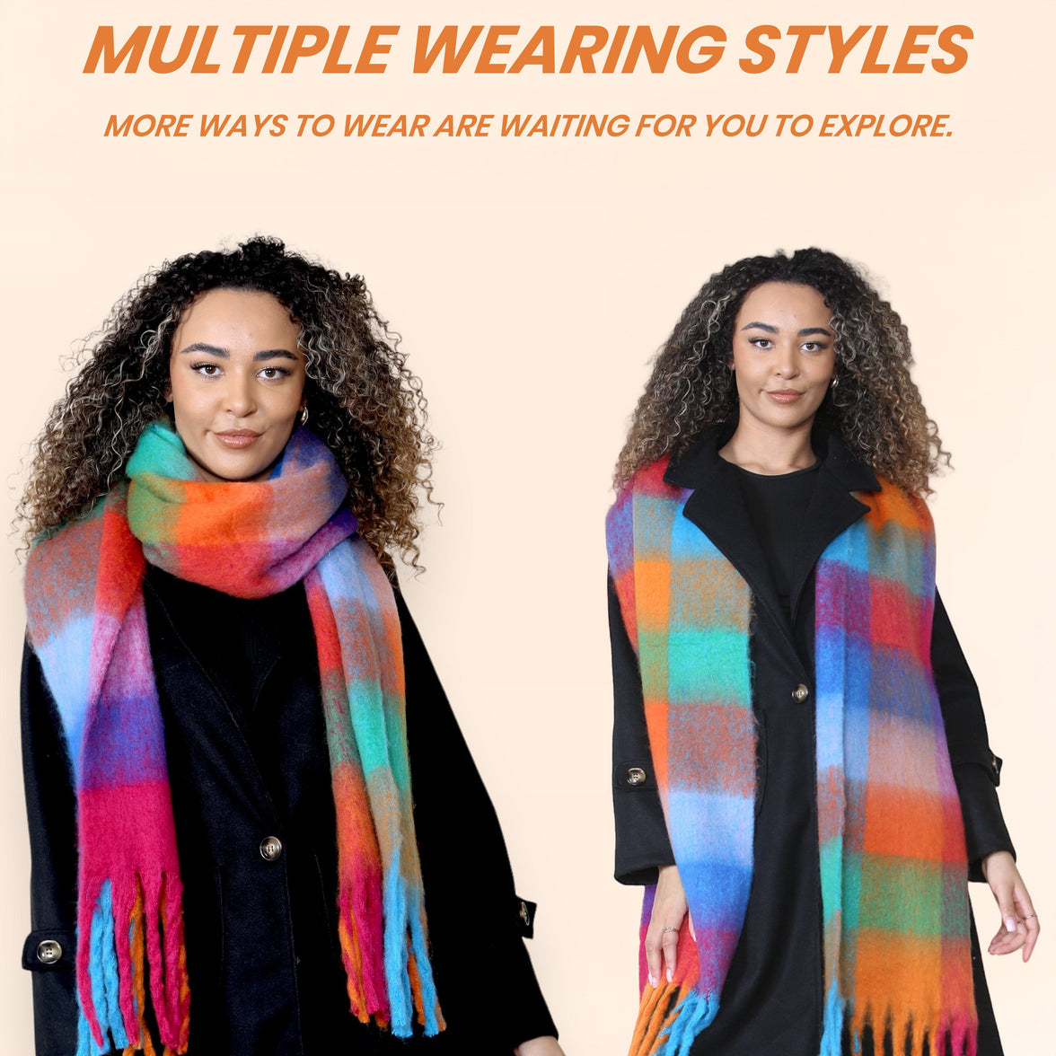 Women’s Orange Blue Chunky Knit Bright Plaid Blanket Scarf Long Winter Wrap Warm Check Shawl with Tassels Gift for Ladies by Daisy Dreamer ORANGE/BLUE CHECK Scarves