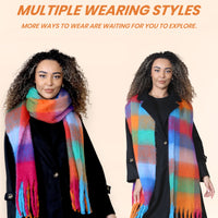 Women’s Orange Blue Chunky Knit Bright Plaid Blanket Scarf Long Winter Wrap Warm Check Shawl with Tassels Gift for Ladies by Daisy Dreamer ORANGE/BLUE CHECK Scarves