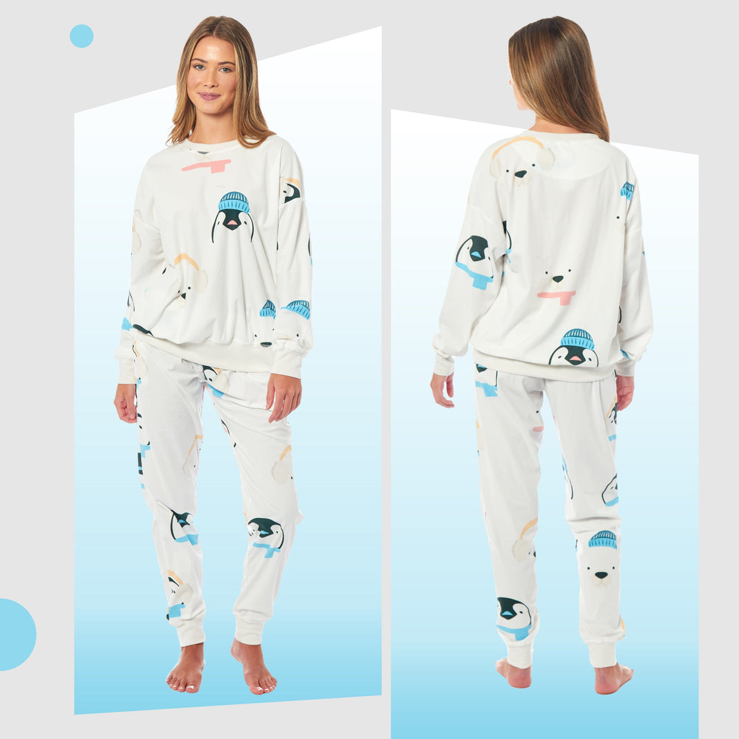 Women's Penguins & Polar Bears Soft Fleece Pyjama Set Long Sleeve Animal Print Warm PJs Loungewear Sleepwear for Ladies by Daisy Dreamer Pyjamas