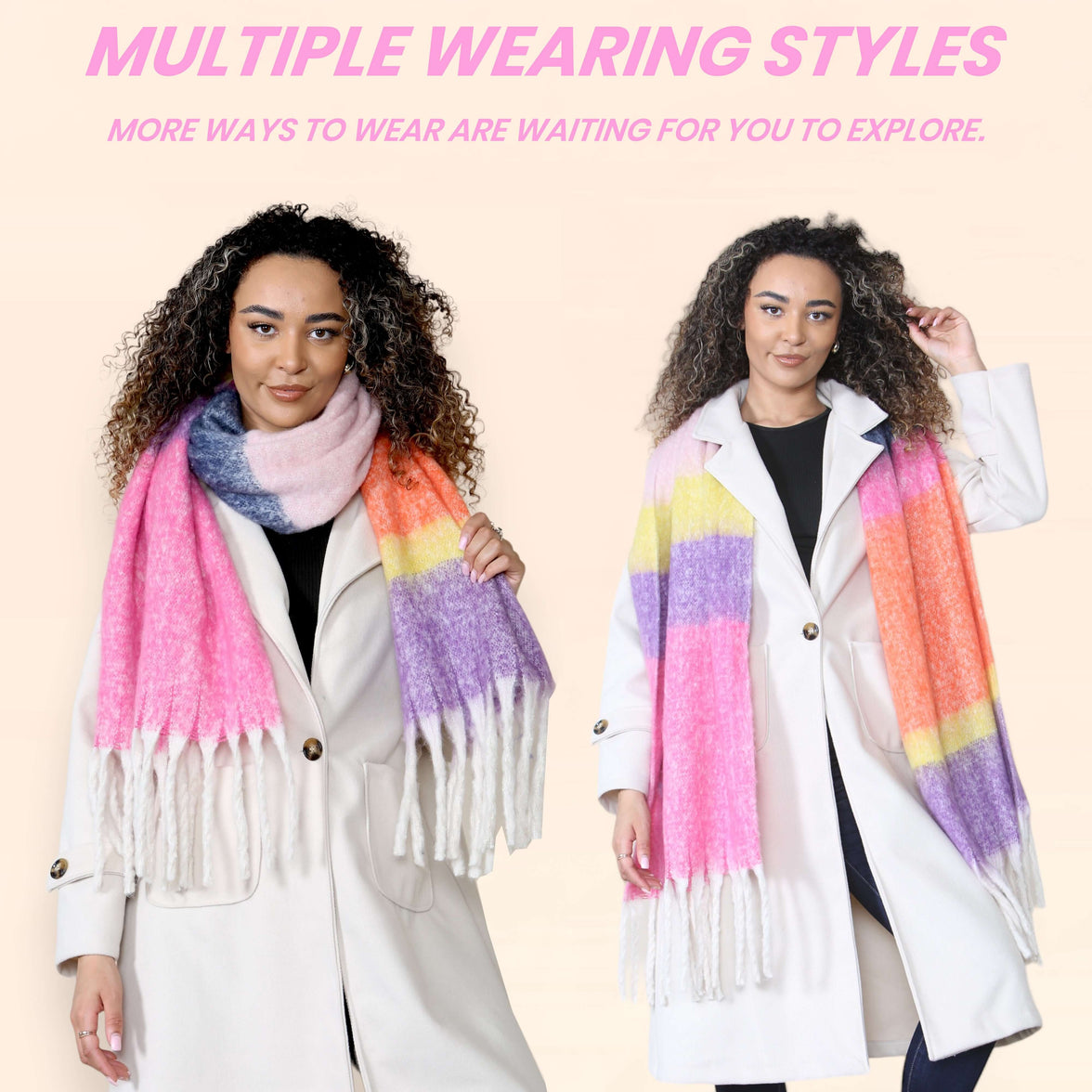 Women’s Pink Purple Chunky Knit Bright Plaid Blanket Scarf Long Winter Wrap Warm Striped Shawl with Tassels Gift for Ladies by Daisy Dreamer PINK/PURPLE STRIPE Scarves