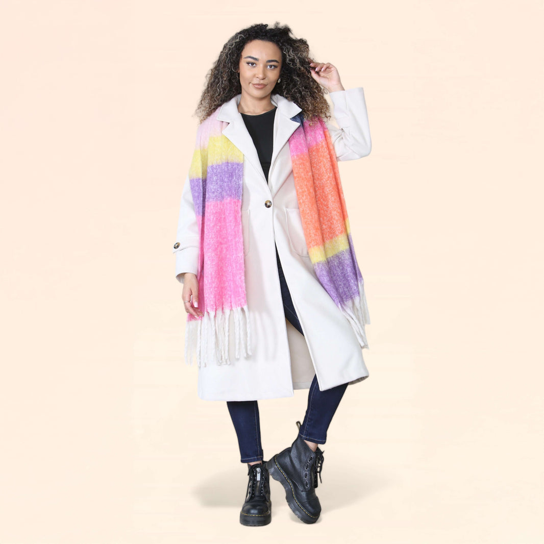 Women’s Pink Purple Chunky Knit Bright Plaid Blanket Scarf Long Winter Wrap Warm Striped Shawl with Tassels Gift for Ladies by Daisy Dreamer PINK/PURPLE STRIPE Scarves