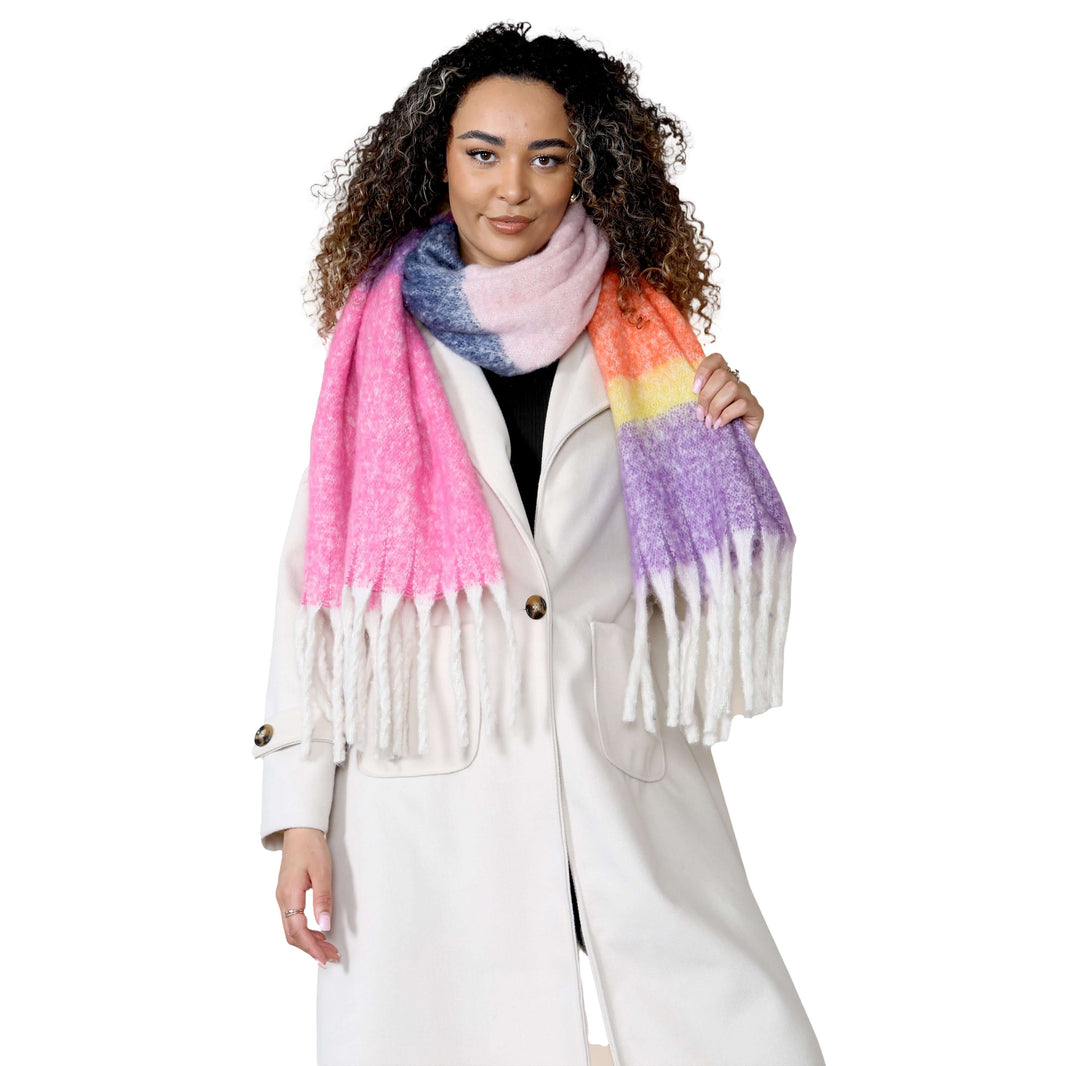 Women’s Pink Purple Chunky Knit Bright Plaid Blanket Scarf Long Winter Wrap Warm Striped Shawl with Tassels Gift for Ladies by Daisy Dreamer PINK/PURPLE STRIPE Scarves
