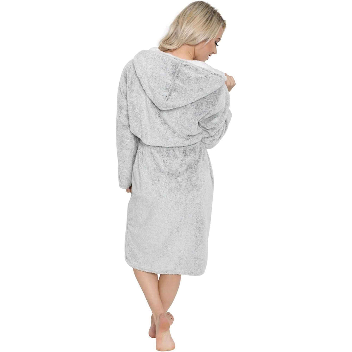 Women's Shimmer Grey Fleece Hooded Bathrobe Ultra-Soft Sherpa Lining Cozy Long Loungewear Luxurious Warm Plush Dressing Gown by Daisy Dreamer for Winter Robe