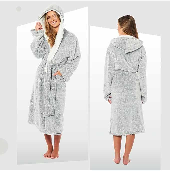 Women's Soft Plush Shimmer Fleece Hooded Bath Robe Luxurious Dressing Gown for Lounging and Sleeping in Shimmer Grey Multiple Sizes by Daisy Dreamer Robe