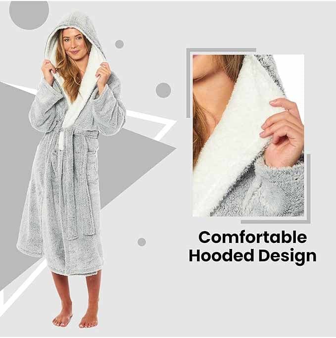 Women's Soft Plush Shimmer Fleece Hooded Bath Robe Luxurious Dressing Gown for Lounging and Sleeping in Shimmer Grey Multiple Sizes by Daisy Dreamer Robe