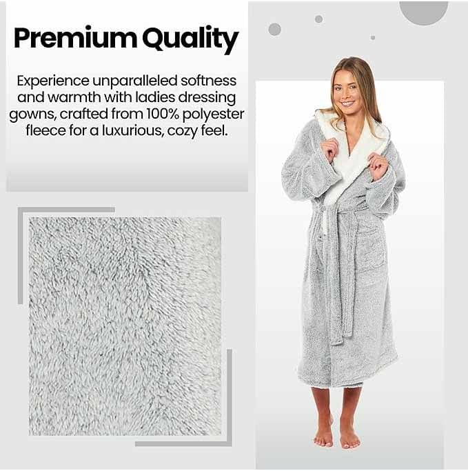 Women's Soft Plush Shimmer Fleece Hooded Bath Robe Luxurious Dressing Gown for Lounging and Sleeping in Shimmer Grey Multiple Sizes by Daisy Dreamer Robe