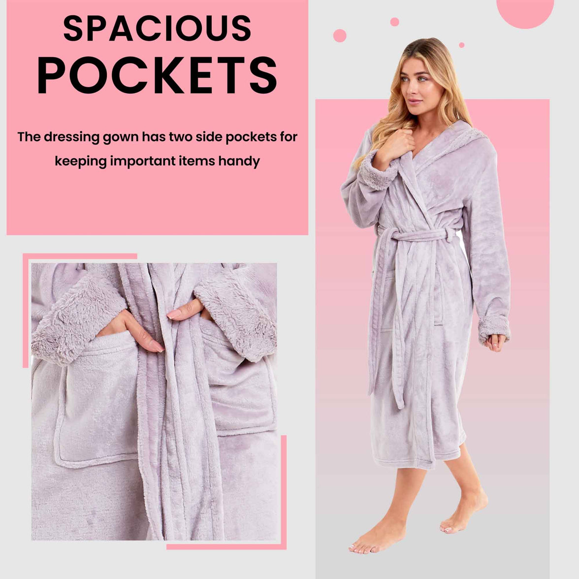 Women's Super Soft Plush Fleece Faux Fur Hooded Robe Luxurious Loungewear Bathrobe for Spa Hotel Home Pink Grey Sizes S-XL by Daisy Dreamer Robe