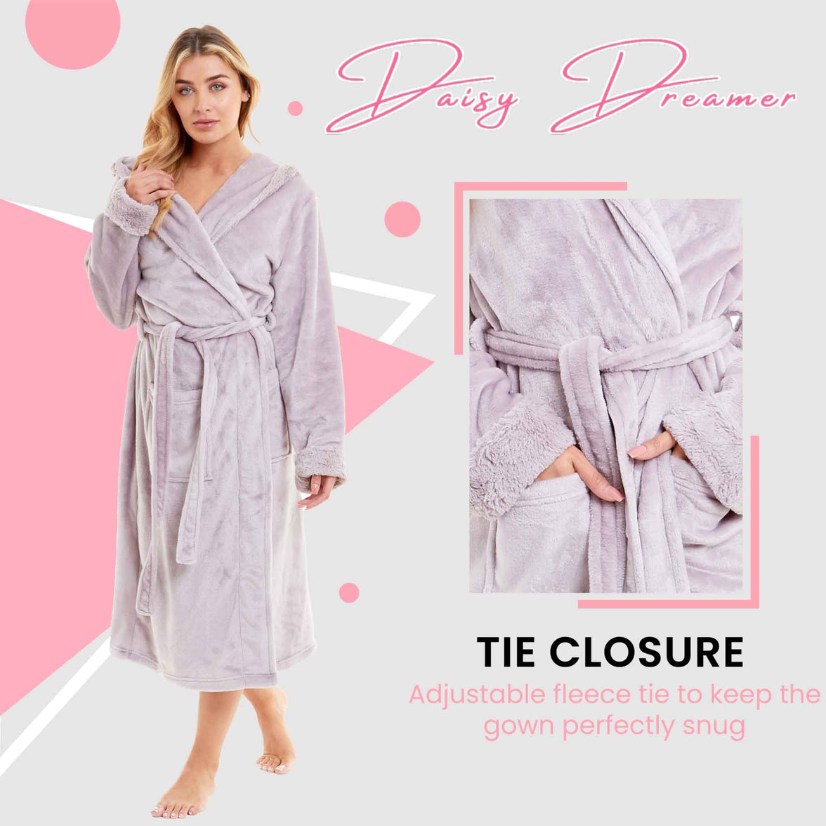 Women's Super Soft Plush Fleece Faux Fur Hooded Robe Luxurious Loungewear Bathrobe for Spa Hotel Home Pink Grey Sizes S-XL by Daisy Dreamer Robe