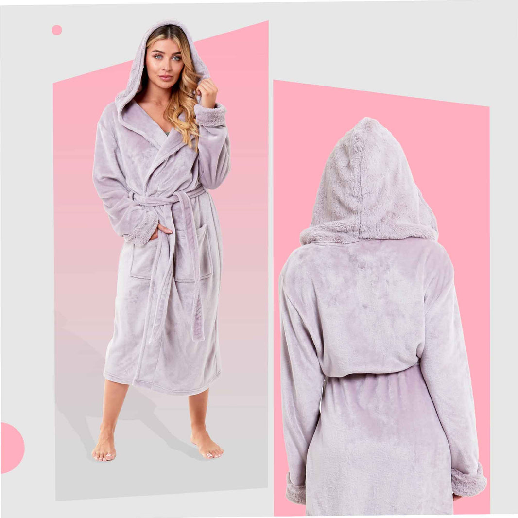 Women's Super Soft Plush Fleece Faux Fur Hooded Robe Luxurious Loungewear Bathrobe for Spa Hotel Home Pink Grey Sizes S-XL by Daisy Dreamer Robe