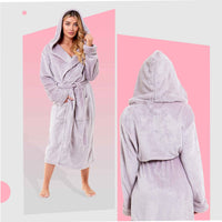 Women's Super Soft Plush Fleece Faux Fur Hooded Robe Luxurious Loungewear Bathrobe for Spa Hotel Home Pink Grey Sizes S-XL by Daisy Dreamer Robe