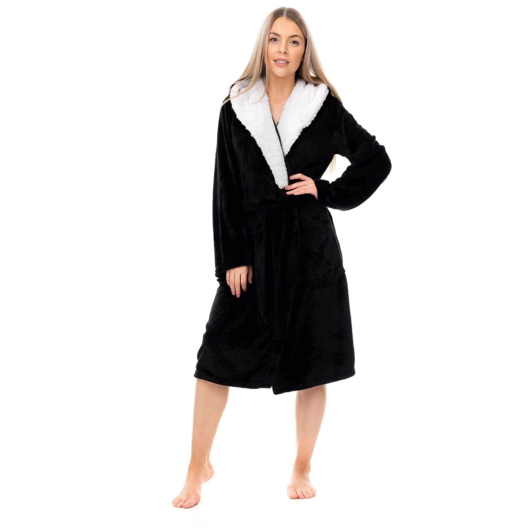 Women's Super Soft Plush Fleece Hooded Bathrobe Fluffy Velvet Loungewear Long Sleeve Cosy Winter Dressing Gown Spa Essential by Daisy Dreamer BLACK/SHERPA HOOD / S Robe