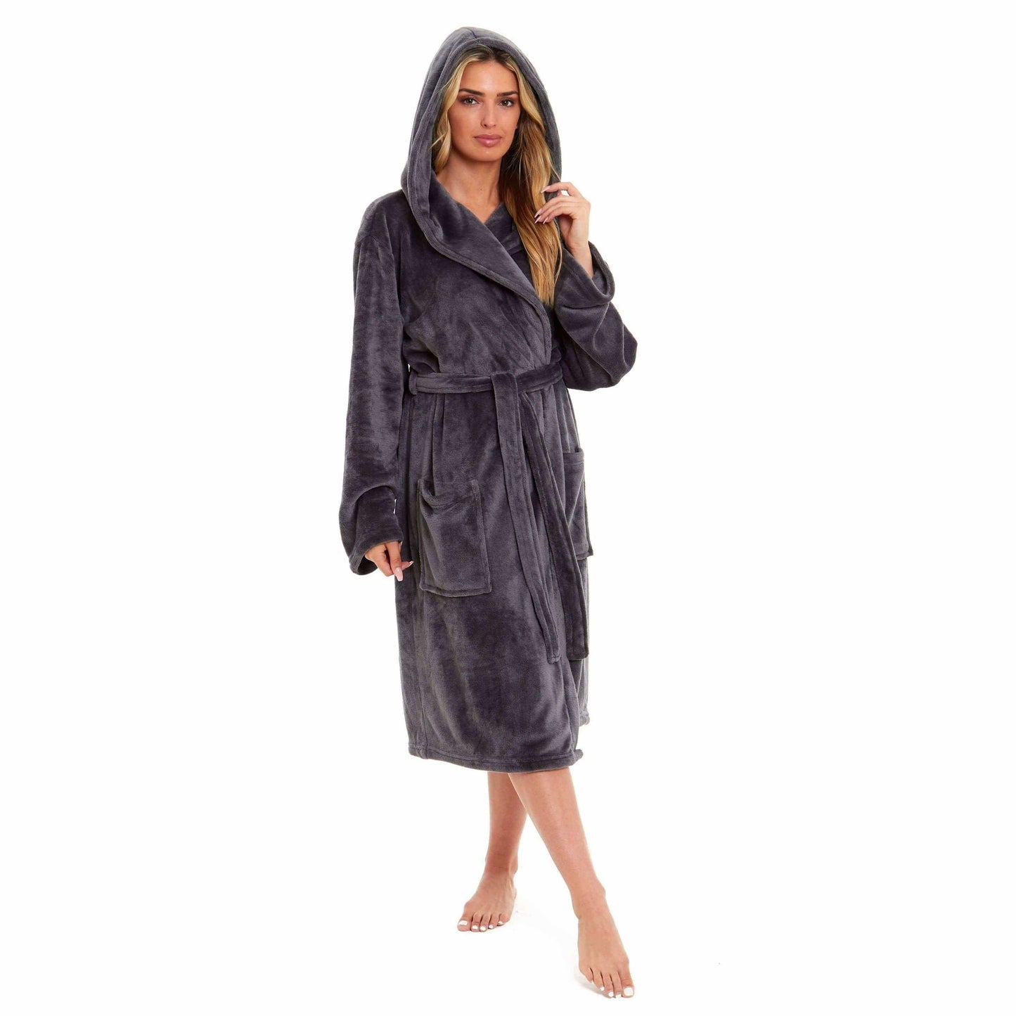 Women's Super Soft Plush Fleece Hooded Bathrobe Fluffy Velvet Loungewear Long Sleeve Cosy Winter Dressing Gown Spa Essential by Daisy Dreamer CHARCOAL / S Robe