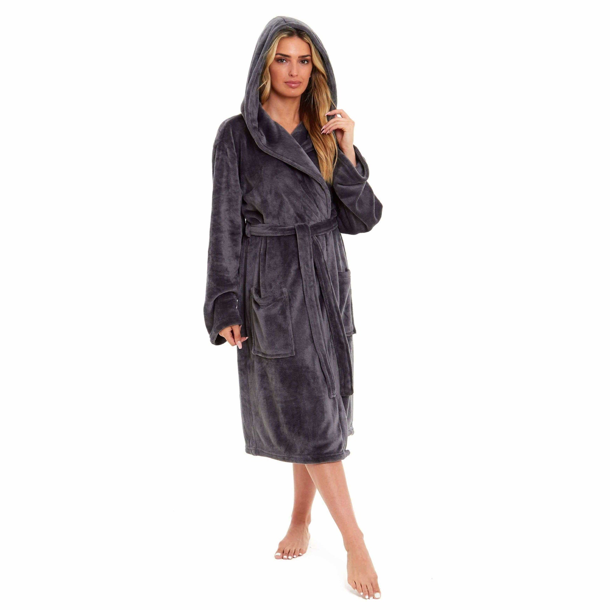 Women's Super Soft Plush Fleece Hooded Bathrobe Fluffy Velvet Loungewear Long Sleeve Cosy Winter Dressing Gown Spa Essential by Daisy Dreamer CHARCOAL / S Robe