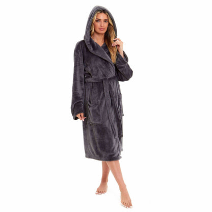 Women's Super Soft Plush Fleece Hooded Bathrobe Fluffy Velvet Loungewear Long Sleeve Cosy Winter Dressing Gown Spa Essential by Daisy Dreamer CHARCOAL / S Robe