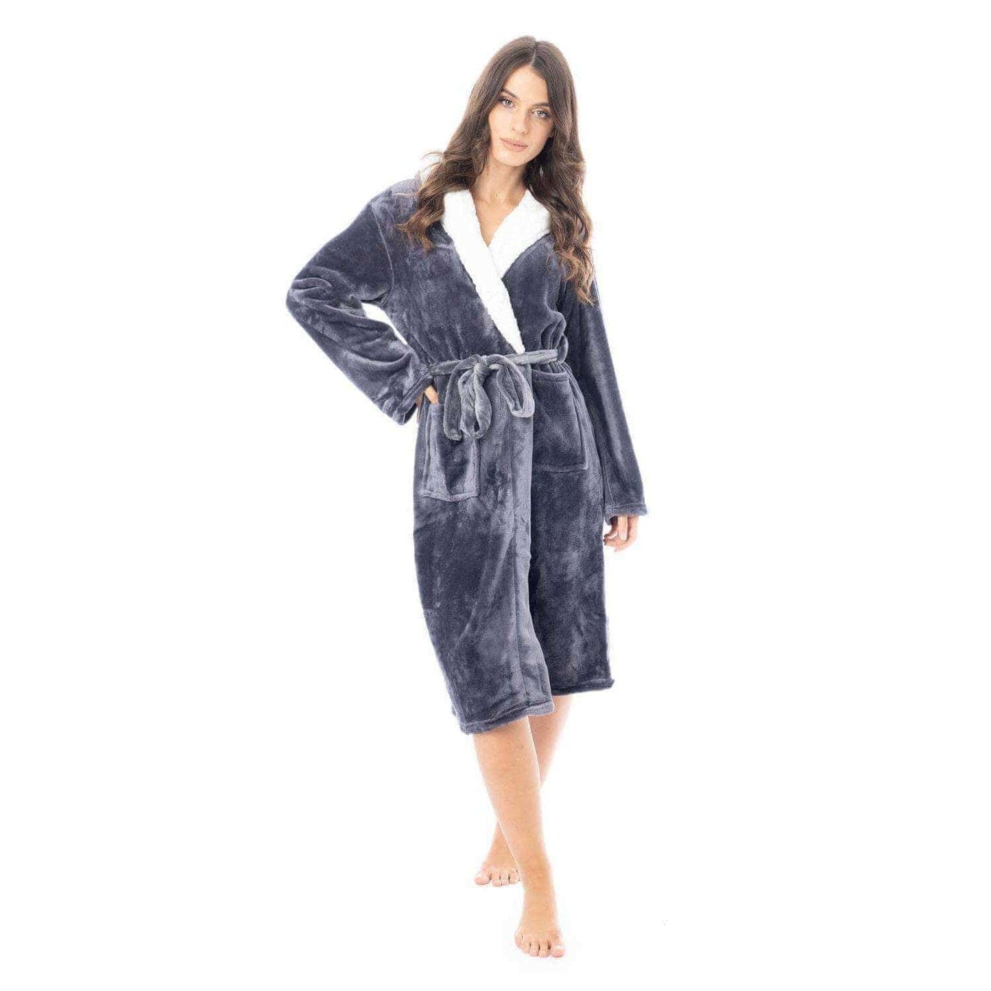 Women's Super Soft Plush Fleece Hooded Bathrobe Fluffy Velvet Loungewear Long Sleeve Cosy Winter Dressing Gown Spa Essential by Daisy Dreamer CHARCOAL/SHERPA HOOD / L Robe