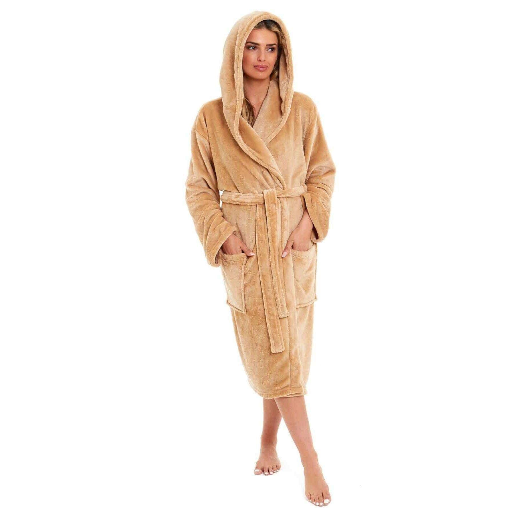 Women's Super Soft Plush Fleece Hooded Bathrobe Fluffy Velvet Loungewear Long Sleeve Cosy Winter Dressing Gown Spa Essential by Daisy Dreamer GOLD / S Robe