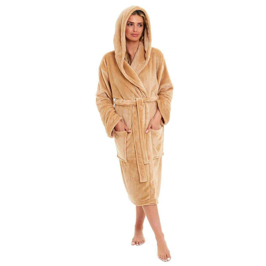 Women's Super Soft Plush Fleece Hooded Bathrobe Fluffy Velvet Loungewear Long Sleeve Cosy Winter Dressing Gown Spa Essential by Daisy Dreamer GOLD / S Robe