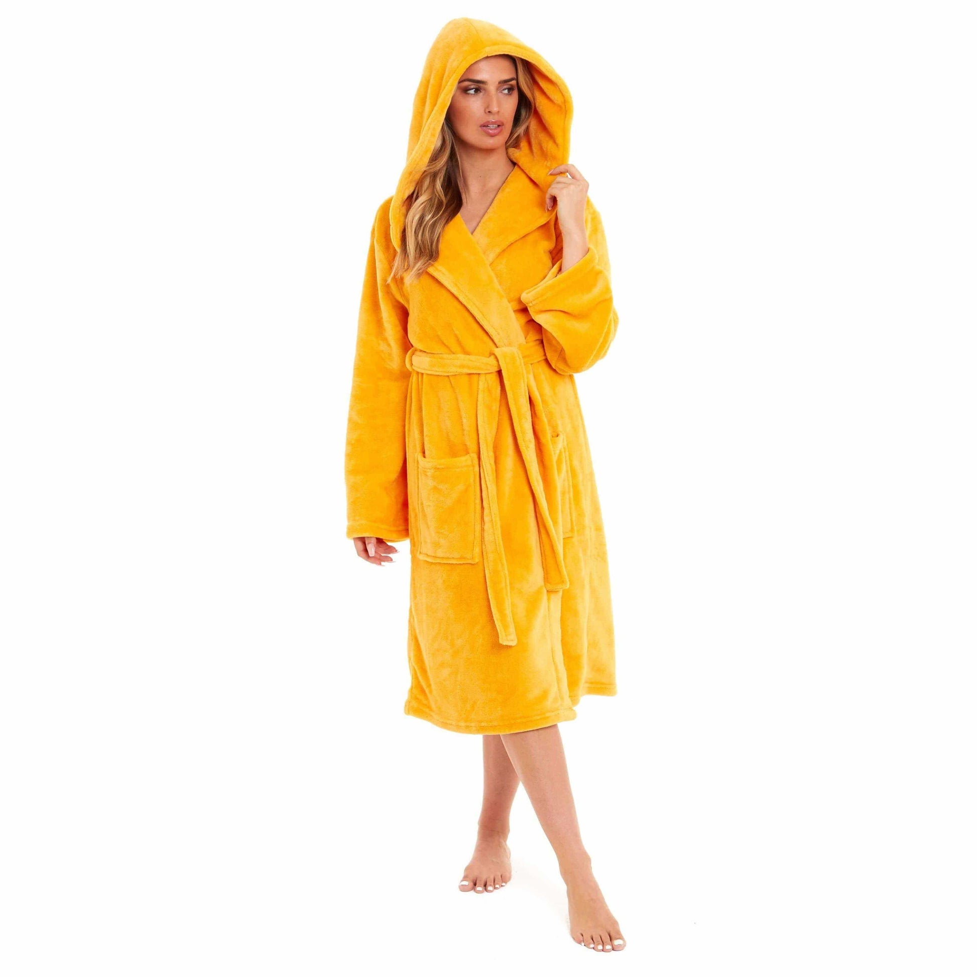 Women's Super Soft Plush Fleece Hooded Bathrobe Fluffy Velvet Loungewear Long Sleeve Cosy Winter Dressing Gown Spa Essential by Daisy Dreamer OCHRE / S Robe