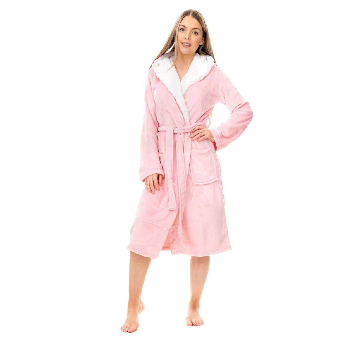Women's Super Soft Plush Fleece Hooded Bathrobe Fluffy Velvet Loungewear Long Sleeve Cosy Winter Dressing Gown Spa Essential by Daisy Dreamer PINK/SHERPA HOOD / S Robe