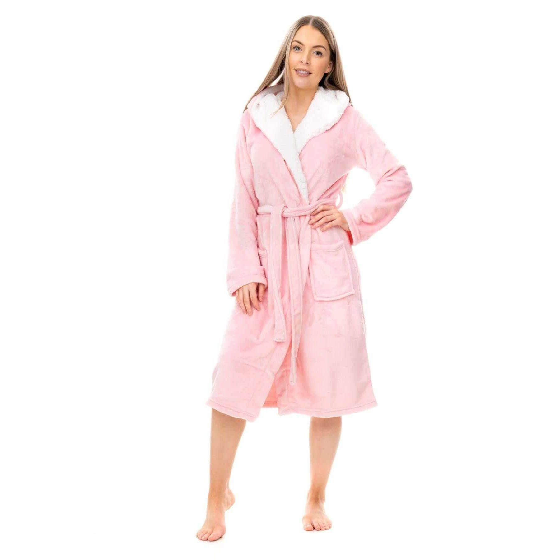 Women's Super Soft Plush Fleece Hooded Bathrobe Fluffy Velvet Loungewear Long Sleeve Cosy Winter Dressing Gown Spa Essential by Daisy Dreamer PINK/SHERPA HOOD / S Robe