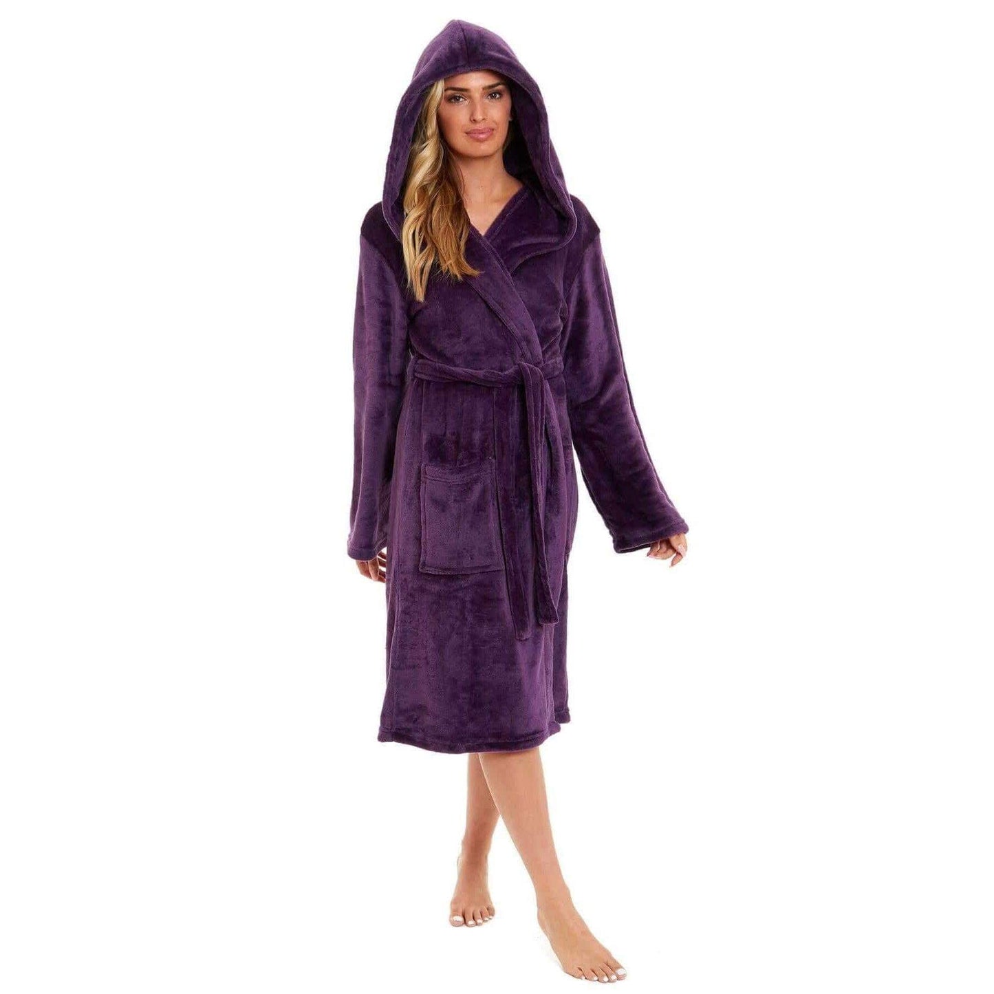 Women's Super Soft Plush Fleece Hooded Bathrobe Fluffy Velvet Loungewear Long Sleeve Cosy Winter Dressing Gown Spa Essential by Daisy Dreamer PURPLE / S Robe