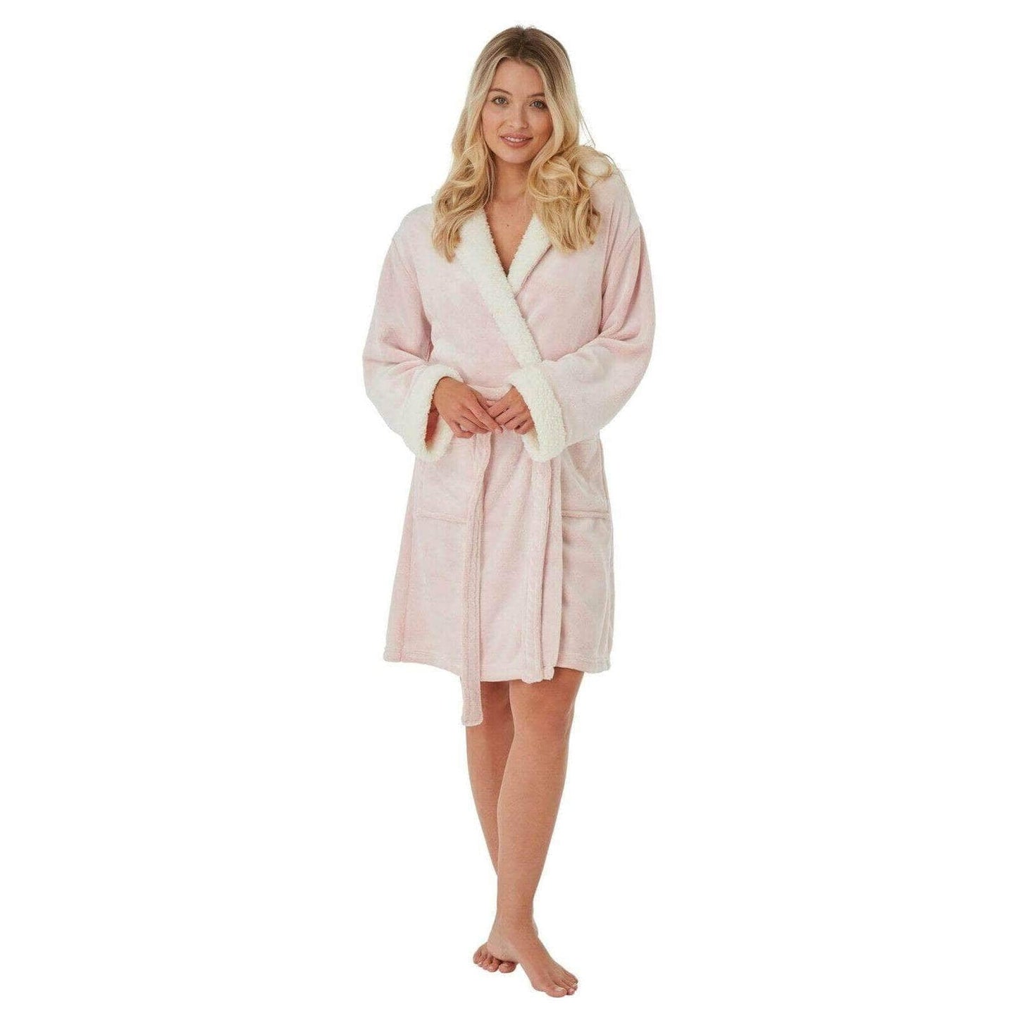 Women's Super Soft Plush Fleece Hooded Bathrobe Fluffy Velvet Loungewear Long Sleeve Cosy Winter Dressing Gown Spa Essential by Daisy Dreamer SHIMMER PINK/SHERPA HOOD / L Robe