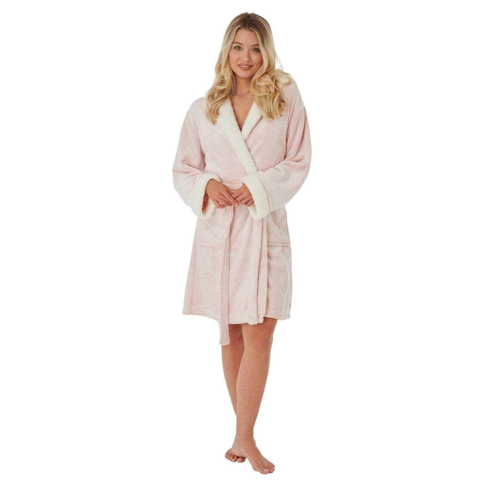 Women's Super Soft Plush Fleece Hooded Bathrobe Fluffy Velvet Loungewear Long Sleeve Cosy Winter Dressing Gown Spa Essential by Daisy Dreamer SHIMMER PINK/SHERPA HOOD / L Robe
