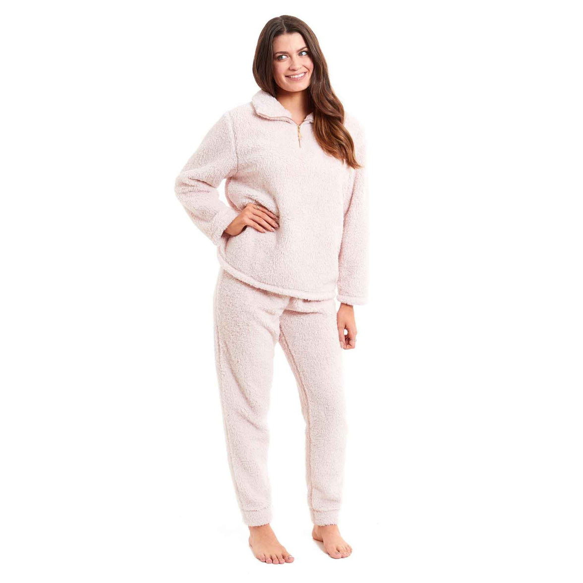 Women's Super Soft Teddy Fleece Loungewear Set Cozy Elasticated Waistband Pants and Zip Front Top in Pink Grey Cream Luxurious Nightwear by Daisy Dreamer Pyjamas