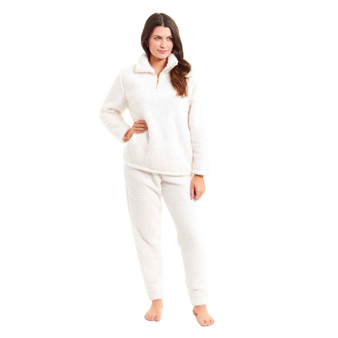 Women's Super Soft Teddy Fleece Loungewear Set Cozy Elasticated Waistband Pants and Zip Front Top in Pink Grey Cream Luxurious Nightwear by Daisy Dreamer SMALL | UK 8-10 / CREAM Pyjamas