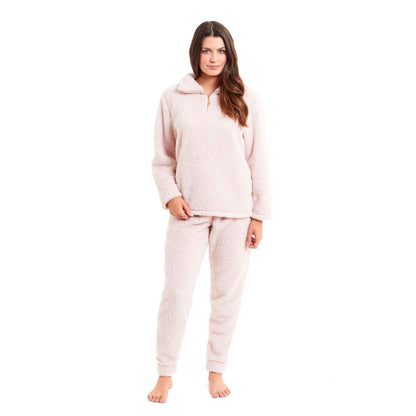 Women's Super Soft Teddy Fleece Loungewear Set Cozy Elasticated Waistband Pants and Zip Front Top in Pink Grey Cream Luxurious Nightwear by Daisy Dreamer SMALL | UK 8-10 / PINK Pyjamas