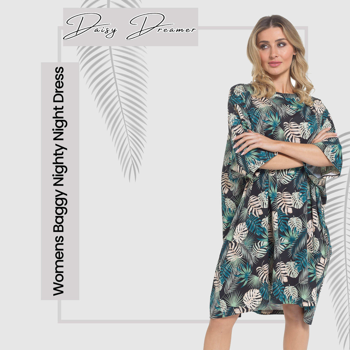 Women's Tropical Baggy Nighty Dress Oversized T-Shirt Nighties 100% Cotton Short Sleeved Nightshirt for Ladies by Daisy Dreamer TROPICAL Night Dress