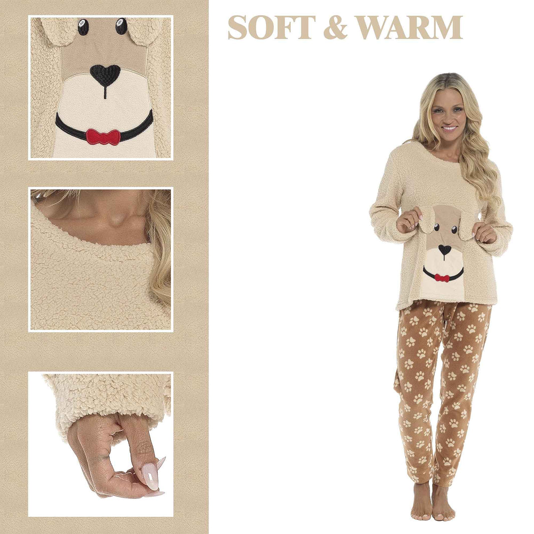 Women's Ultra-Soft Fleece Dog Snuggle Pyjama Set with Elasticated Patterned Pants Cozy Long Sleeve Top Winter Loungewear Sleepwear UK Sizes 8-22 by Daisy Dreamer Pyjamas