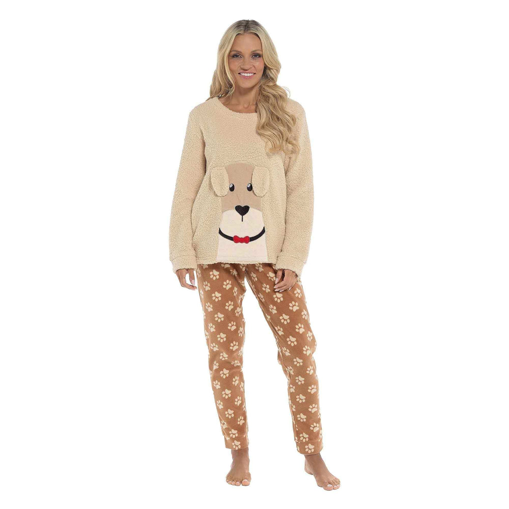 Women's Ultra-Soft Fleece Dog Snuggle Pyjama Set with Elasticated Patterned Pants Cozy Long Sleeve Top Winter Loungewear Sleepwear UK Sizes 8-22 by Daisy Dreamer SMALL | 8-10 / DOG Pyjamas