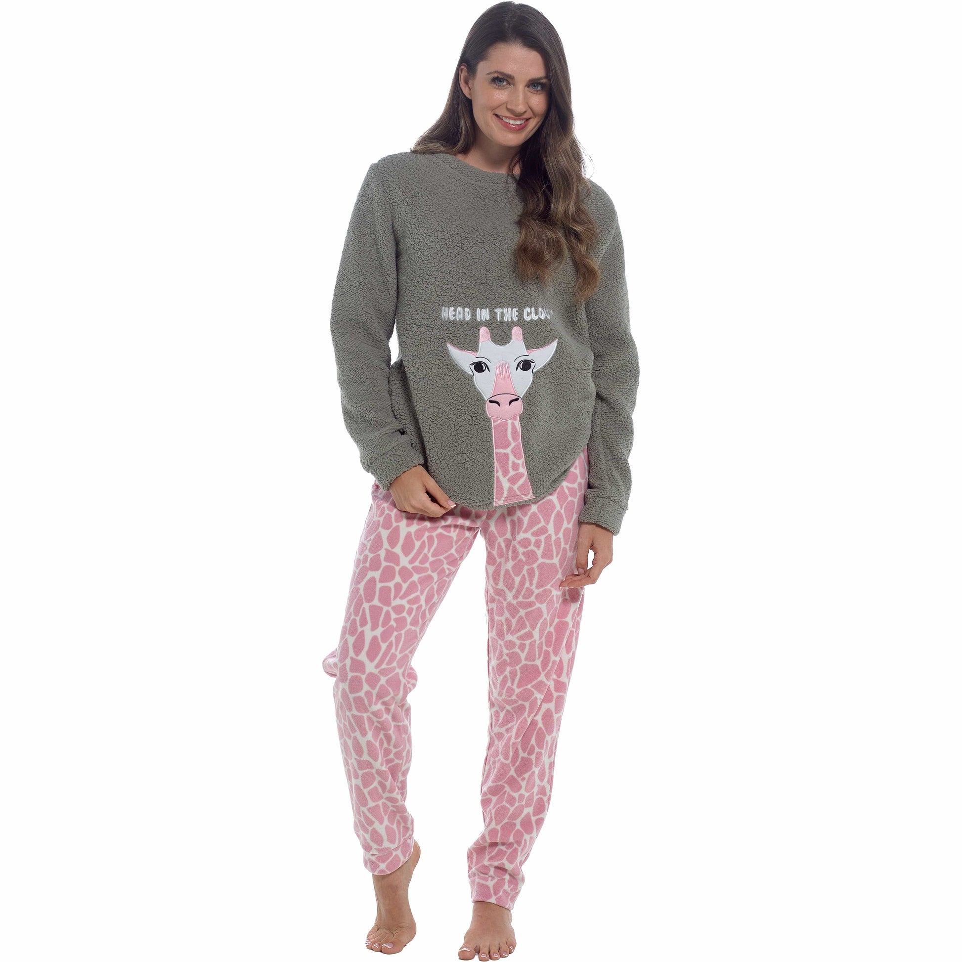 Women's Ultra-Soft Giraffe Snuggle Fleece Pyjama Set with Long Sleeve Top and Elasticated Bottoms for Lounging and Sleepwear by Daisy Dreamer Pyjamas