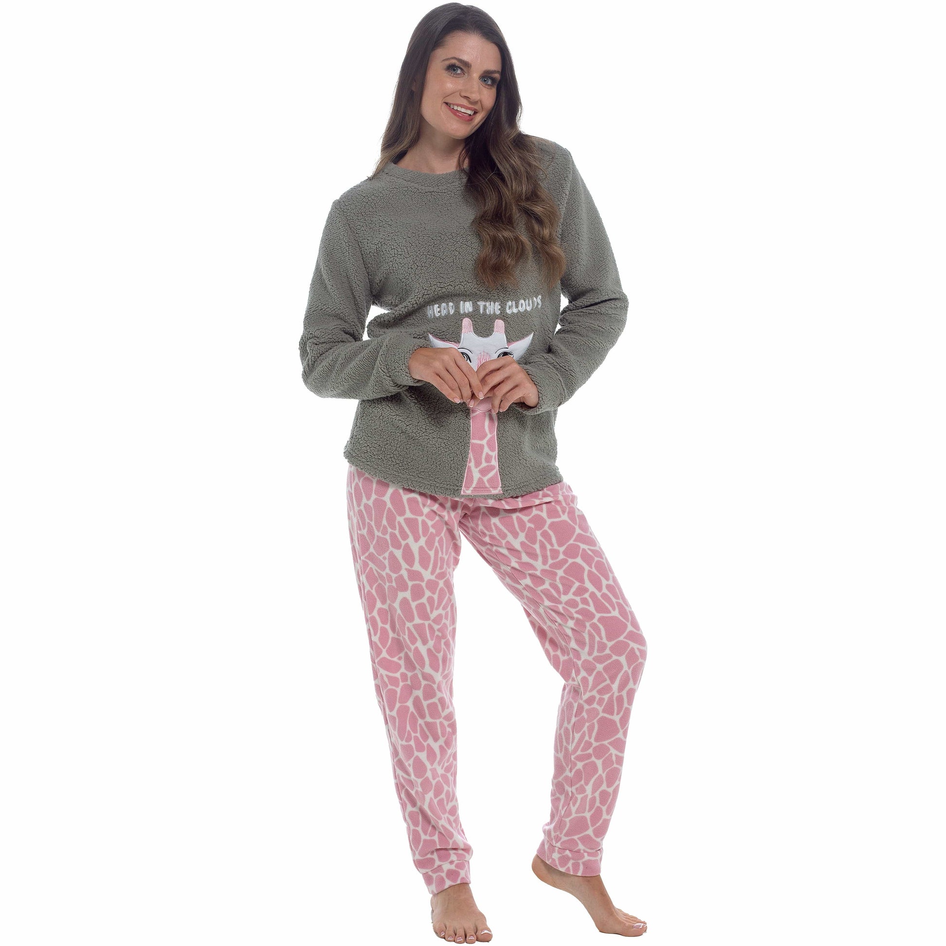 Women's Ultra-Soft Giraffe Snuggle Fleece Pyjama Set with Long Sleeve Top and Elasticated Bottoms for Lounging and Sleepwear by Daisy Dreamer Pyjamas
