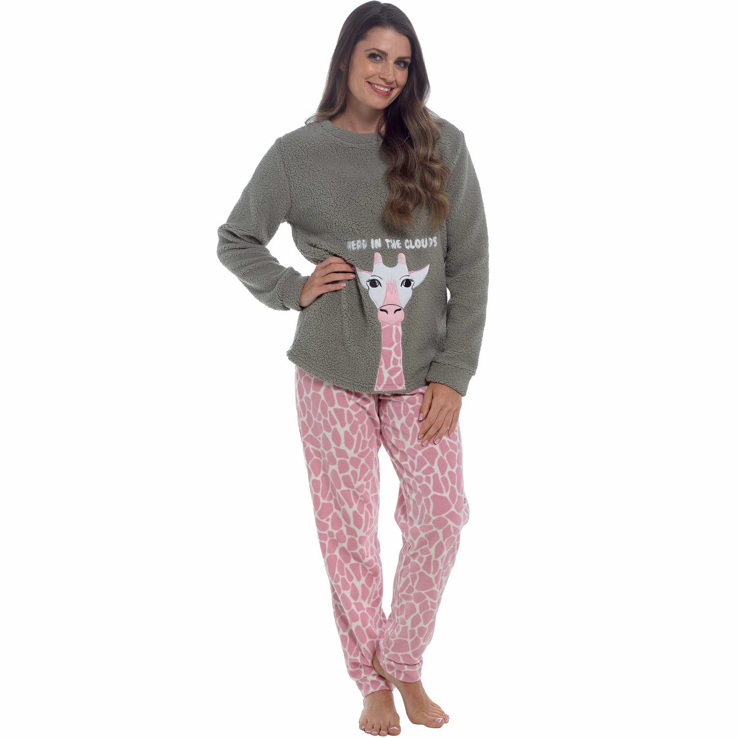 Women's Ultra-Soft Giraffe Snuggle Fleece Pyjama Set with Long Sleeve Top and Elasticated Bottoms for Lounging and Sleepwear by Daisy Dreamer Pyjamas