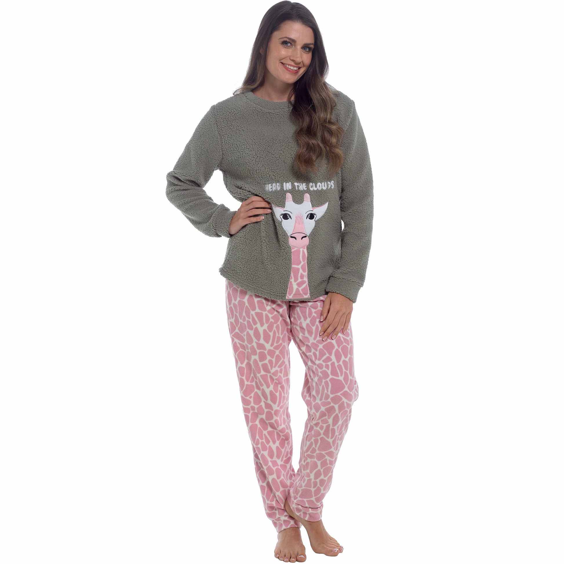 Women's Ultra-Soft Giraffe Snuggle Fleece Pyjama Set with Long Sleeve Top and Elasticated Bottoms for Lounging and Sleepwear by Daisy Dreamer Pyjamas