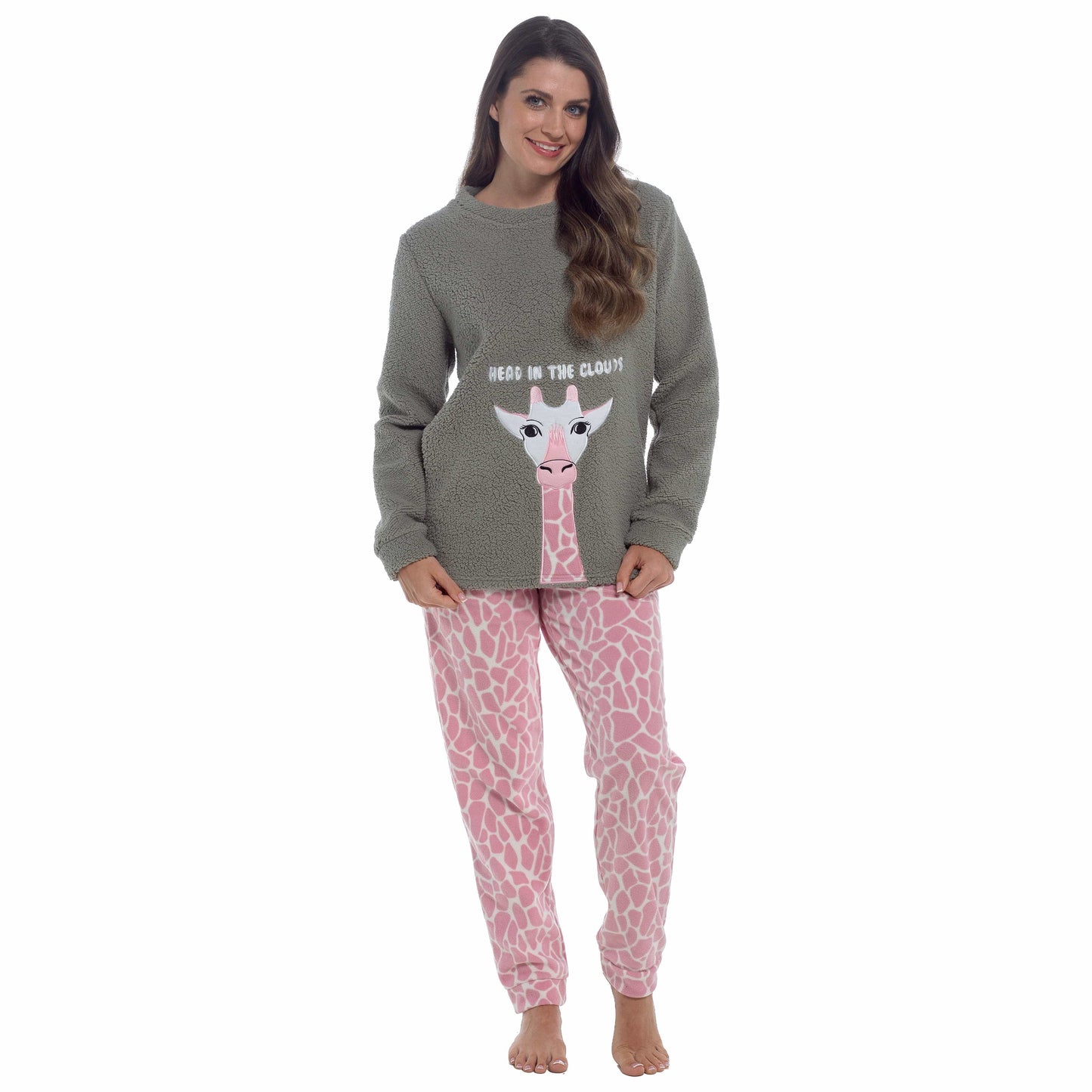 Women's Ultra-Soft Giraffe Snuggle Fleece Pyjama Set with Long Sleeve Top and Elasticated Bottoms for Lounging and Sleepwear by Daisy Dreamer SMALL | 8-10 / Giraffe Pyjamas