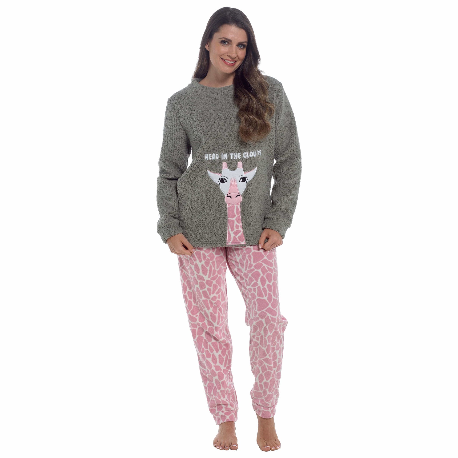 Women's Ultra-Soft Giraffe Snuggle Fleece Pyjama Set with Long Sleeve Top and Elasticated Bottoms for Lounging and Sleepwear by Daisy Dreamer SMALL | 8-10 / Giraffe Pyjamas