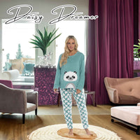 Women's Ultra-Soft Panda Snuggle Fleece Pyjama Set with Long Sleeve Top and Elasticated Bottoms for Lounging and Sleepwear by Daisy Dreamer Pyjamas