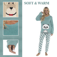 Women's Ultra-Soft Panda Snuggle Fleece Pyjama Set with Long Sleeve Top and Elasticated Bottoms for Lounging and Sleepwear by Daisy Dreamer Pyjamas