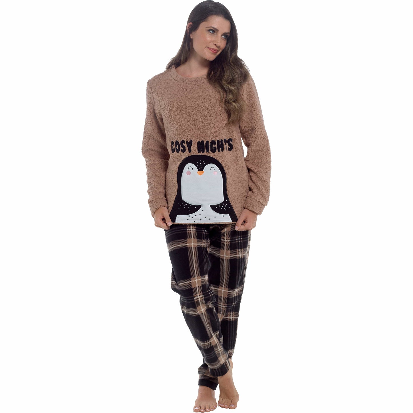 Women's Ultra-Soft Penguin Snuggle Fleece Pyjama Set with Long Sleeve Top and Elasticated Bottoms for Lounging and Sleepwear by Daisy Dreamer Pyjamas