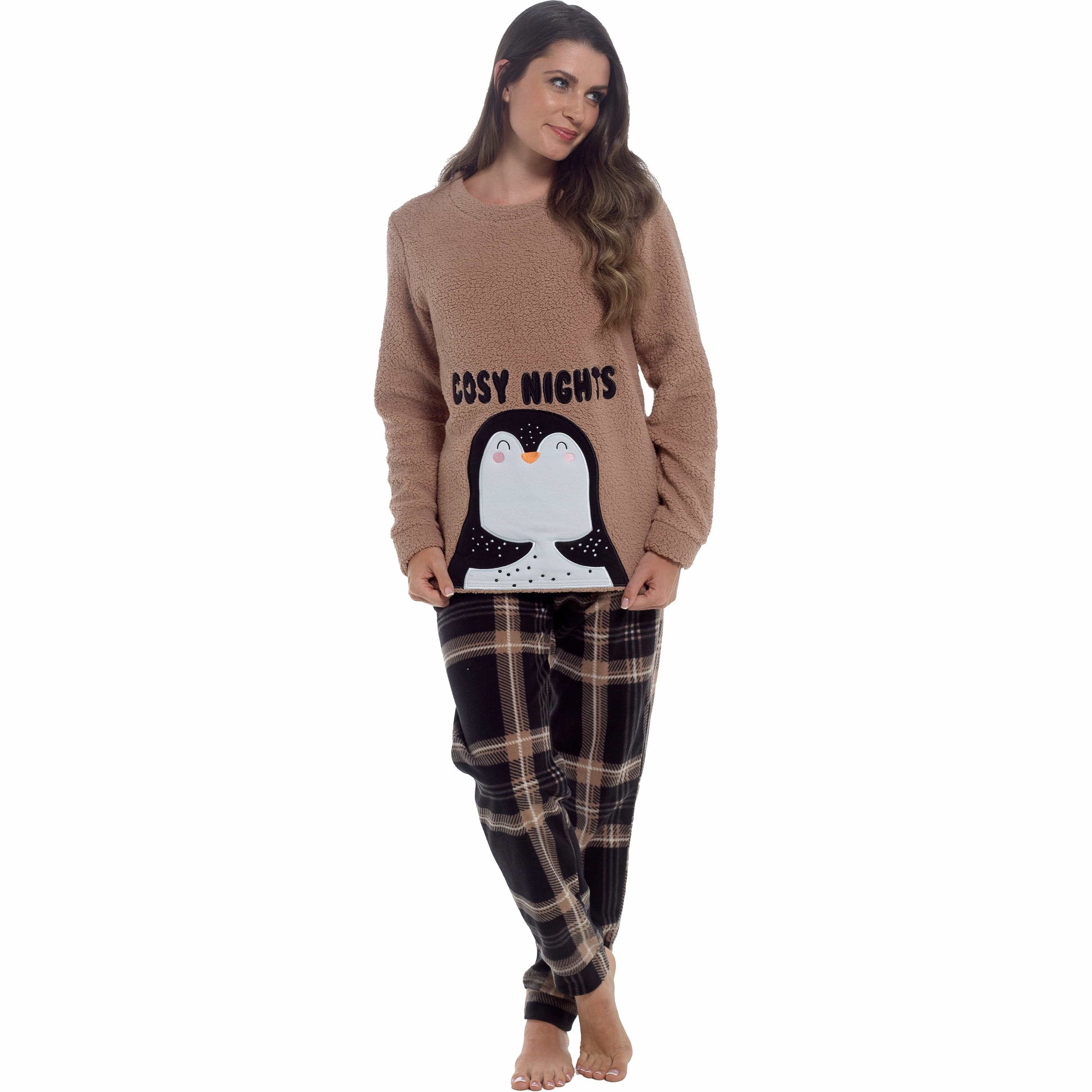 Women's Ultra-Soft Penguin Snuggle Fleece Pyjama Set with Long Sleeve Top and Elasticated Bottoms for Lounging and Sleepwear by Daisy Dreamer Pyjamas