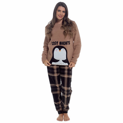 Women's Ultra-Soft Penguin Snuggle Fleece Pyjama Set with Long Sleeve Top and Elasticated Bottoms for Lounging and Sleepwear by Daisy Dreamer SMALL | 8-10 / Penguin Pyjamas
