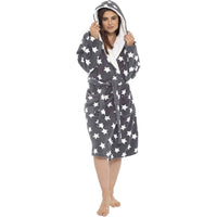 Women's Ultra Soft Plush Fleece Hooded Dressing Gown with Sherpa Lining Star Patterned Cozy Loungewear Nightwear Available in Sizes Small to X Large by Daisy Dreamer Robe