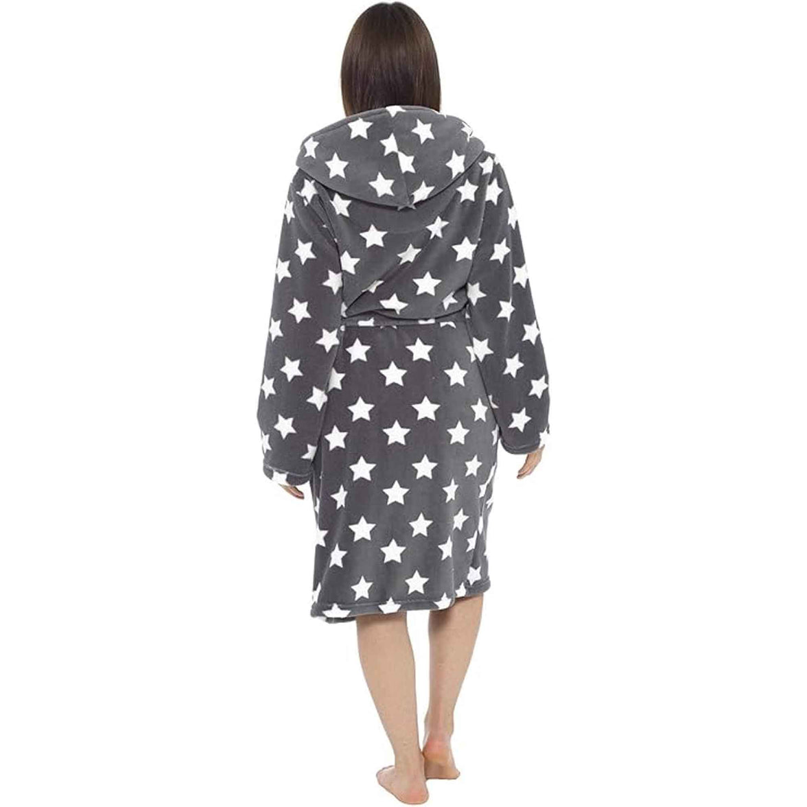 Women's Ultra Soft Plush Fleece Hooded Dressing Gown with Sherpa Lining Star Patterned Cozy Loungewear Nightwear Available in Sizes Small to X Large by Daisy Dreamer Robe